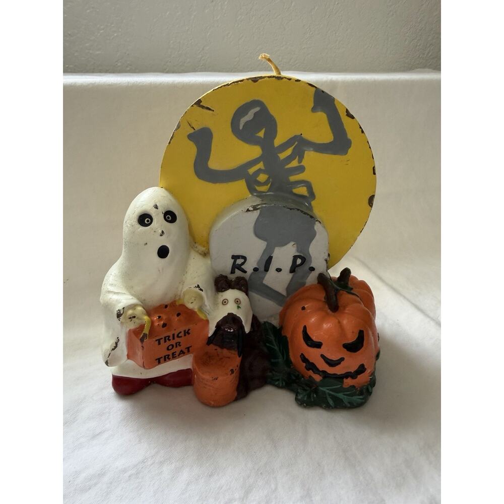 Vintage Halloween Candle Ghost Pumpkins Moon Gravestone Skeleton Unburned 5.5”